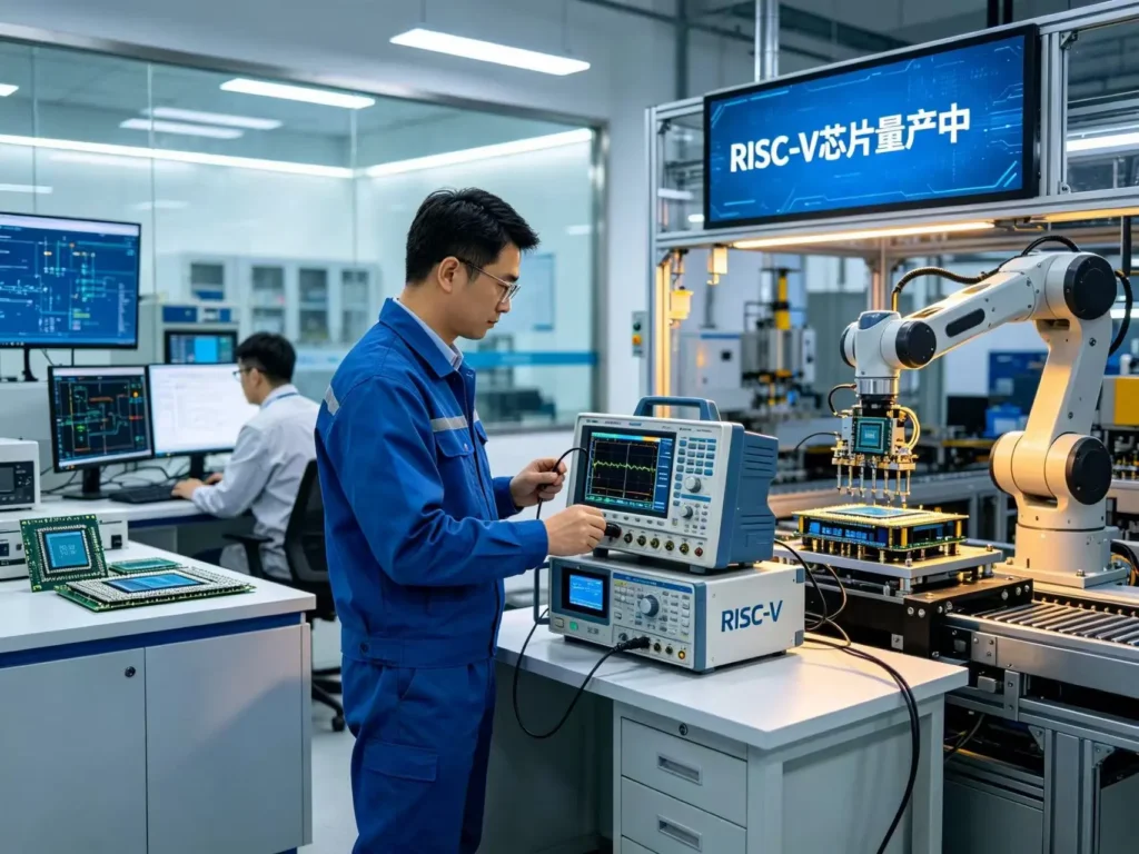 简约科技风配图，融合 RISC-V 指令集架构示意图、芯片内核、代码流与轻量化图标，画面干净专业，突出开源指令集、芯片设计与国产算力等核心内容。