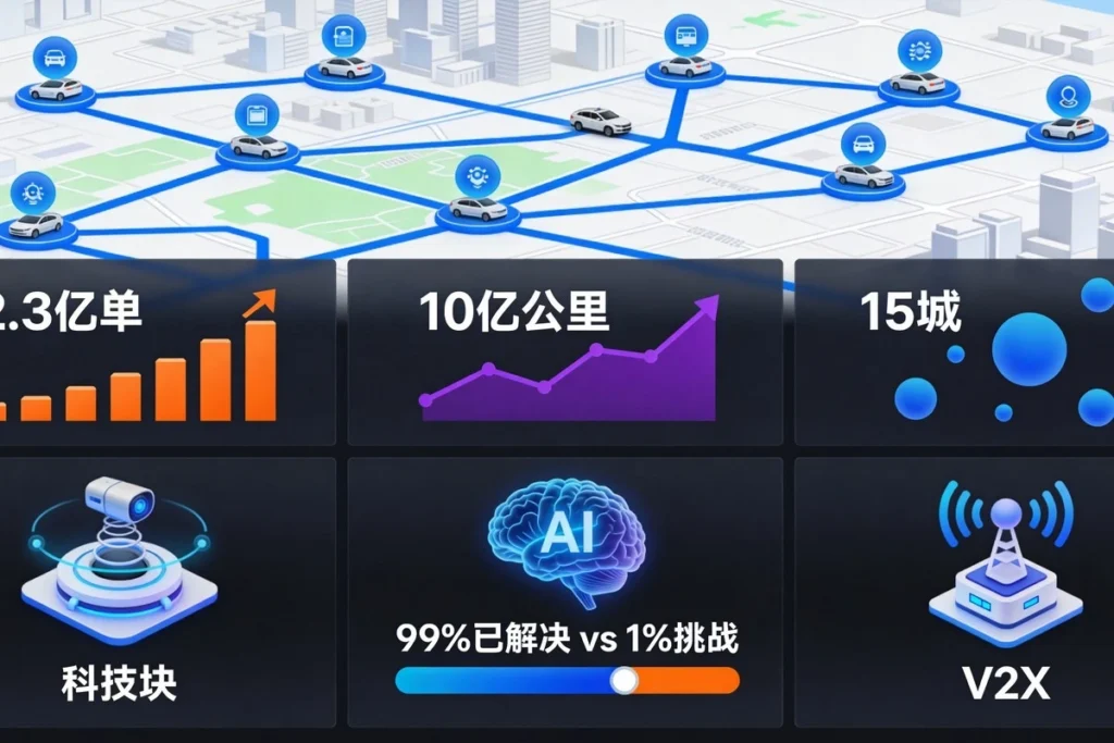 Robotaxi商业化数据配图 - 信息图风格展示：城市自动驾驶路网地图、核心数据（2.3亿单、10亿公里、15城）上升趋势图，以及"99%已解决 vs 1%待突破"技术挑战进度条，激光雷达、AI大脑、车路协同技术架构图标